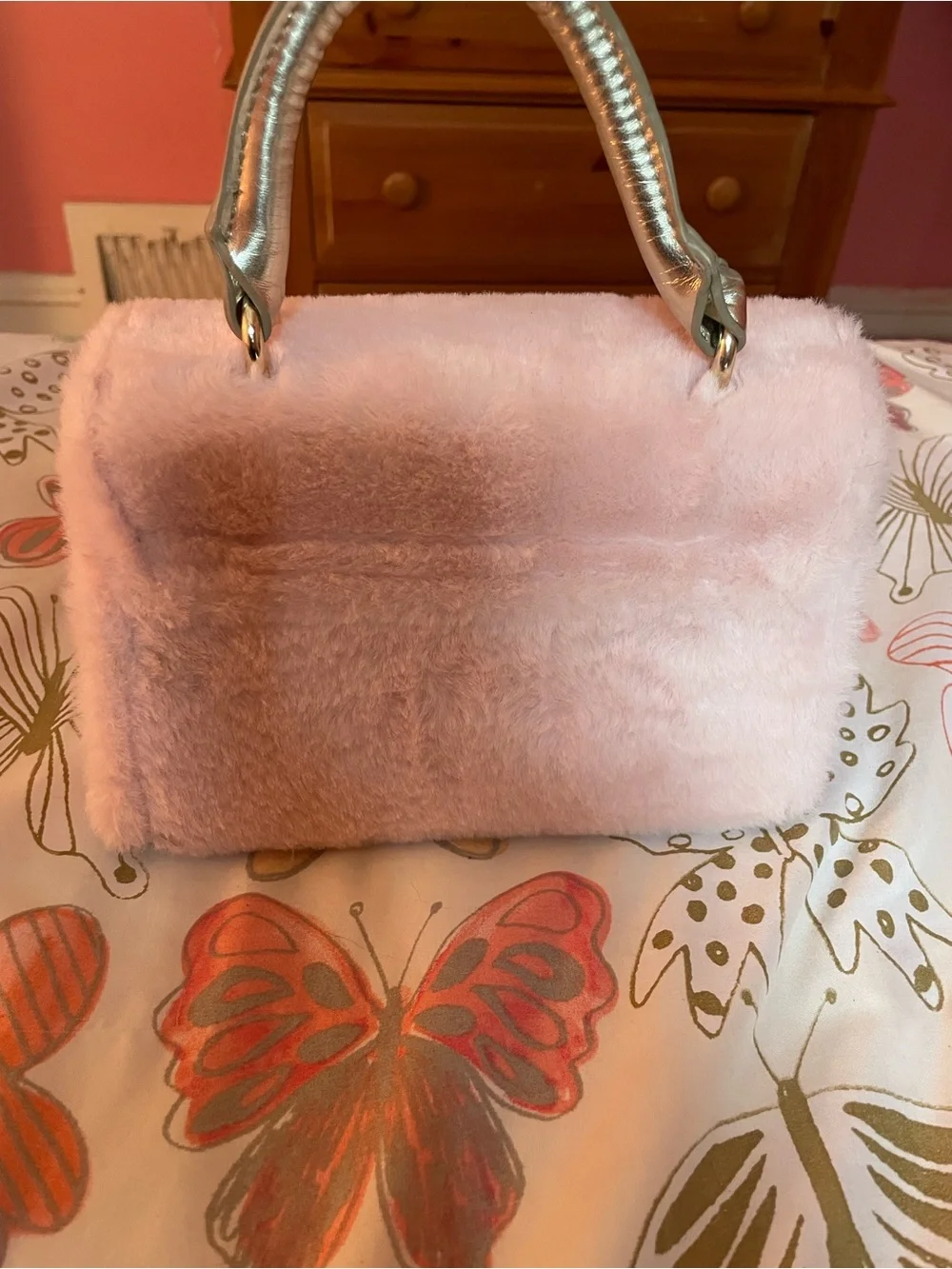 Disney Pink Faux Fur Top-Handle Bag with Gold Sequin Bow